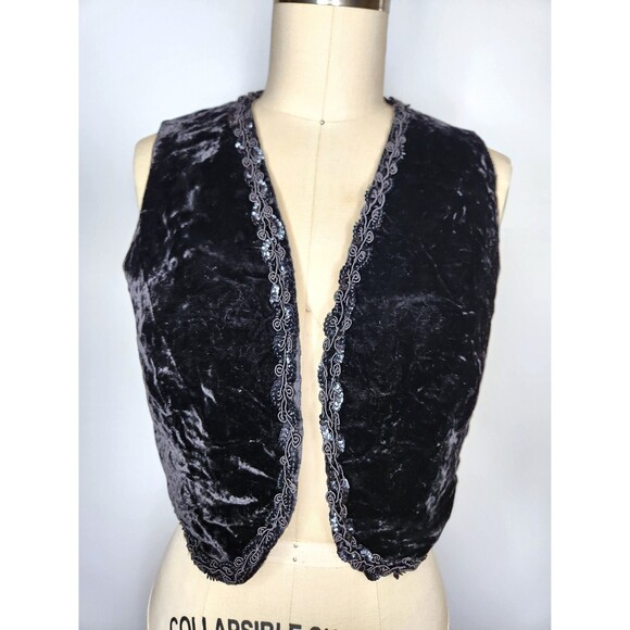 Vintage Black VELVET Vest Cropped by ARTBRO Black Velvet Bolero Vest Sequined XS - Picture 6 of 10